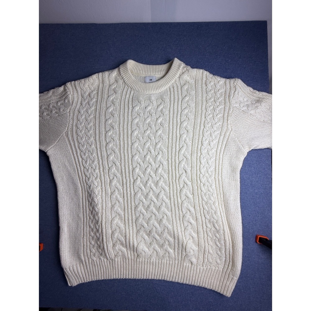 HM Relaxed Fit Cable Knit Sweater Mens XL Cream White Conscious Recycled Blend